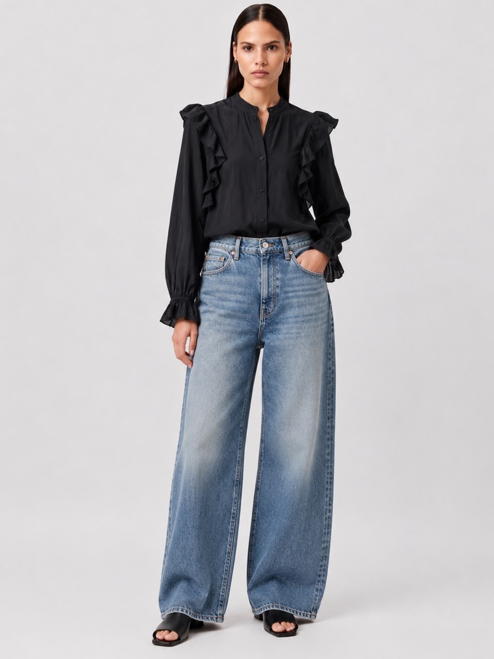 AllSaints 100% Silk Ruffle Button Down Blouse Long Sleeve Black Size S boho chic